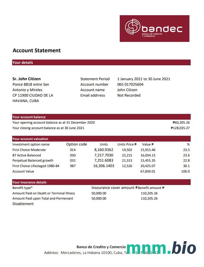Szablon wyciągu bankowego Cuba Banco Popular De Ahorro (BPA) w programie Word i PDF